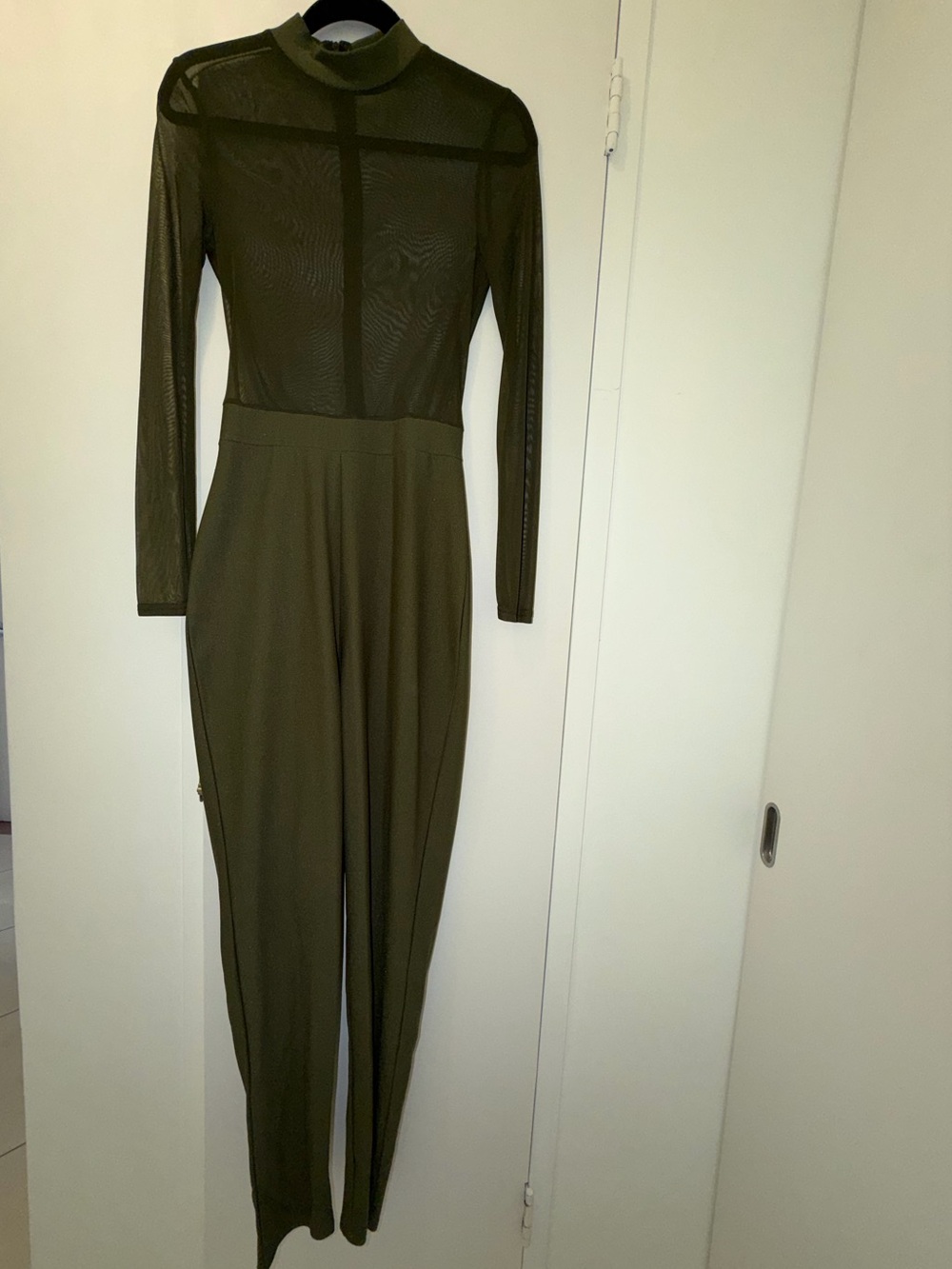 Missguided Olive Green Sheer Mock-Neck Jumpsuit back zip rave romper tapered leg